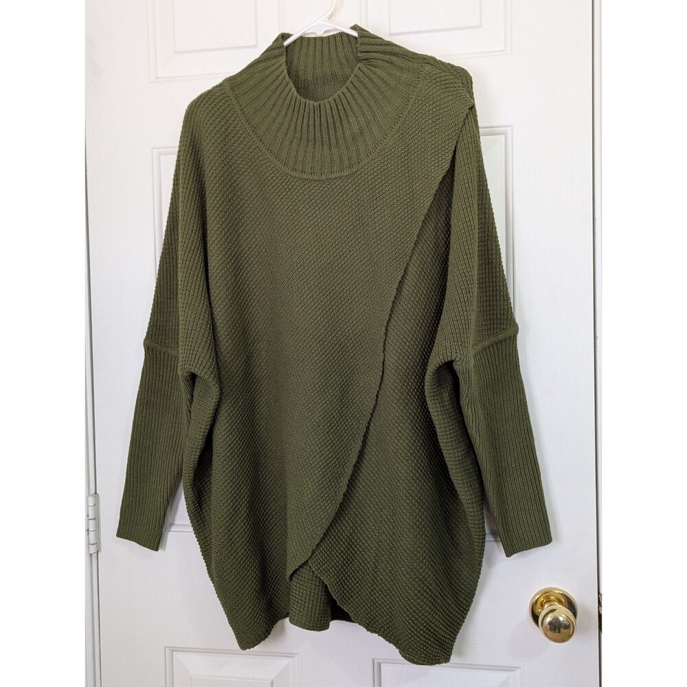 Truth + Style Poncho Oversized Sweater Womens Medium Green Cable Knit Mock Neck